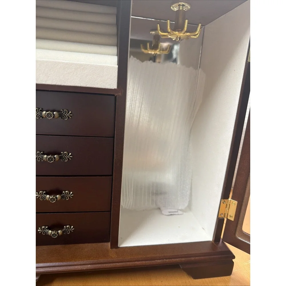FRONT GLASS JEWELRY BOX-RING ROLL CLOSET, 4 DRAWERS, REVOLVING HANGER,MIRROR NEW